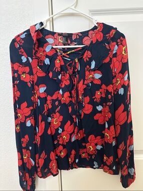 Floral Tie-Neck Blouse - Navy & Red